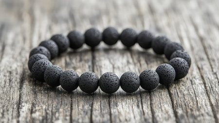 A stunning black lava stone bracelet rests gracefully on a rustic wooden surface, showcasing its unique texture and round beads. Ideal for fashion lovers.の素材