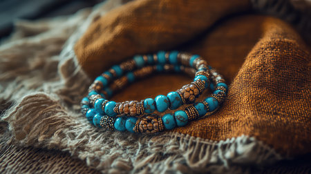 Stunning turquoise and silver bracelets displayed elegantly on rich, textured fabric, perfect for showcasing unique jewelry craftsmanship and style.の素材