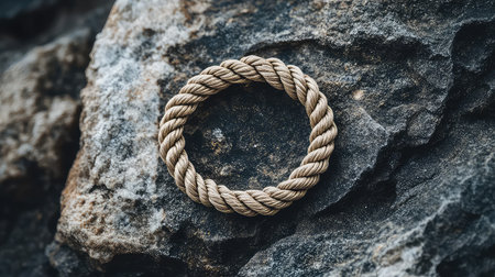 A twisted rope ring rests on a textured rock surface, showcasing the harmony between natural materials and rugged outdoor environments, perfect for crafting themes.の素材