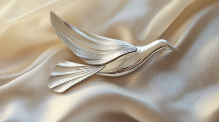 A captivating silver bird sculpture gracefully rests on smooth silk fabric, radiating elegance and charm. Ideal for interior design inspiration.の素材