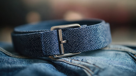 A close-up image of a denim belt resting on stylish blue jeans, highlighting texture and craftsmanship. Ideal for fashion and accessory concepts.の素材
