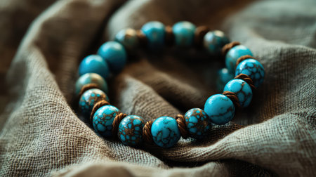 A stunning turquoise beaded bracelet rests on a soft, textured fabric, showcasing its vibrant colors and intricate details, perfect for fashion enthusiasts.の素材