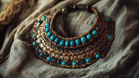 An exquisite handmade necklace featuring beautifully arranged turquoise stones on a soft textured fabric. The unique design highlights the craftsmanship and artistry of traditional jewelry making. Perfect for showcasing elegance and individuality.の素材