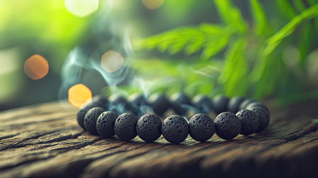 This serene image showcases a handmade lava stone bracelet resting on a rustic wooden surface. The delicate smoke effect and lush green background enhance the tranquil atmosphere, making it perfect for themes of wellness, meditation, or natural beauty.の素材