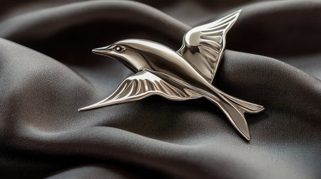 A stunning silver bird brooch showcases intricate design and elegance, resting gently on soft black fabric. The interplay of light and shadow enhances its beauty.の素材
