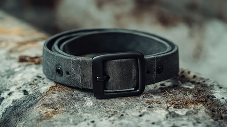 A stylish gray fabric belt featuring a sleek black metal buckle, resting elegantly on a textured surface, ideal for enhancing any outfit. Perfect for casual and trendy styles.の素材