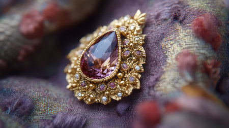 This image features an exquisite golden brooch adorned with a stunning purple gemstone. It rests gently on a rich, textured fabric background, highlighting its intricate details and vintage charm.の素材