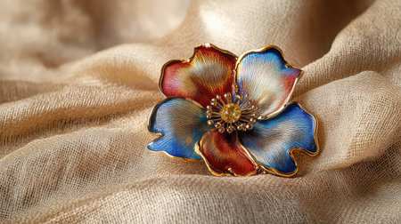 This stunning flower brooch showcases intricate enamel work in vibrant colors, elegantly placed on soft, luxurious fabric, ideal for fashion enthusiasts.の素材