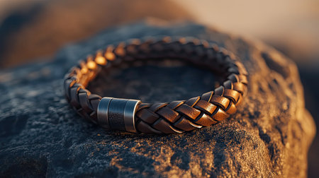 A stylish brown leather bracelet rests on a rocky surface, beautifully illuminated by warm light, showcasing fine craftsmanship and elegant design.の素材