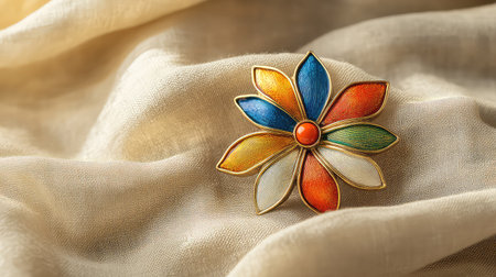 This image showcases a vibrant floral brooch resting on a silky fabric background. The natural light enhances the colors and details of this beautiful accessory, making it perfect for fashion or decor purposes.の素材