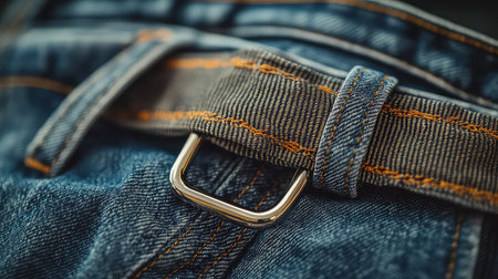 A detailed close-up image capturing a denim belt and stitching on jeans, showcasing the craftsmanship and texture, perfect for fashion and apparel themes.の素材