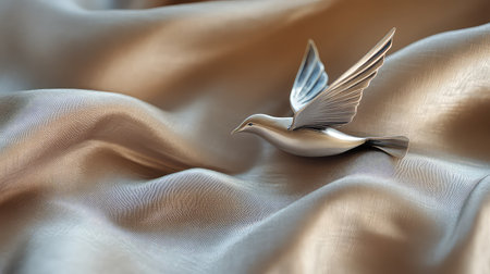 A stunning silver bird sculpture resting on luxurious silk fabric, capturing a sense of peace and elegance. Ideal for artistic and decor-themed projects.の素材