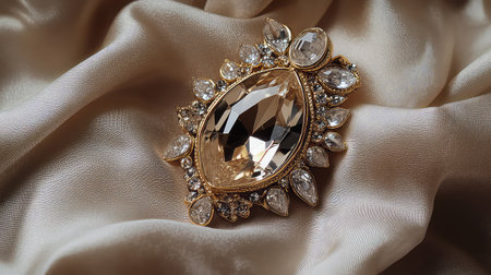 This stunning brooch features a large faceted gemstone at the center, surrounded by sparkling accents, resting on luxurious satin fabric, perfect for highlighting elegance and sophistication.の素材