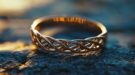 This elegant gold ring showcases an intricate design that exudes sophistication and beauty. The soft light enhances its artistic features against a natural background, making it a perfect accessory for special occasions.の素材