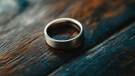A stunning silver wedding ring rests on a textured wooden surface, capturing the essence of elegance and romance, ideal for love-themed visuals.の素材