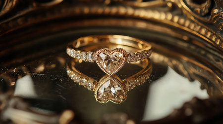 This captivating heart-shaped gold ring features dazzling diamonds, creating an elegant statement piece reflected on an ornate vintage mirror. Perfect for weddings or special gifts.の素材