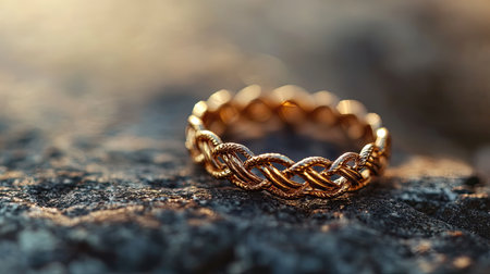 Captured during golden hour, this elegant gold braided ring showcases exquisite craftsmanship. It rests on a textured rock, reflecting warm sunlight and beauty.の素材