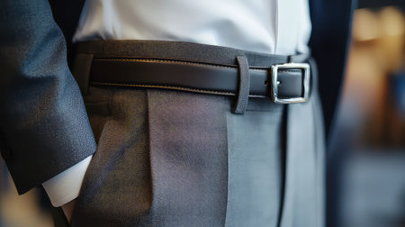 A close-up image showcasing a stylish business outfit featuring a sleek belt and tailored pants, perfect for professionals seeking a polished appearance.の素材