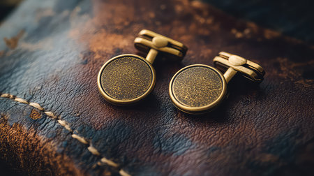 This stunning image captures elegant gold cufflinks resting on a textured vintage leather background, showcasing luxury and sophistication in fashion accessories.の素材