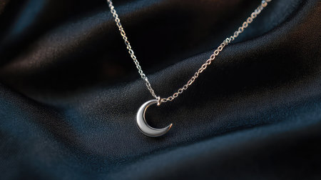 A stunning silver crescent moon necklace rests delicately on soft black fabric, showcasing elegance and charm. Perfect for special occasions or daily wear.の素材