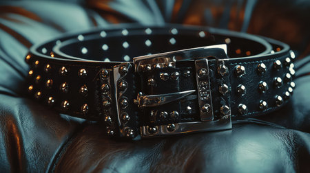 This image features a stylish black leather belt adorned with studs and a shiny buckle, showcasing the perfect blend of edginess and elegance in fashion.の素材