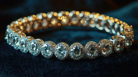 A stunning diamond bracelet featuring an exquisite arrangement of sparkling gems, set against a dark velvet backdrop, epitomizing luxury and elegance.の素材