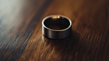 A beautifully crafted silver ring rests on a rich wooden surface, showcasing elegant simplicity. Perfect for themes of love, commitment, and fashion.の素材