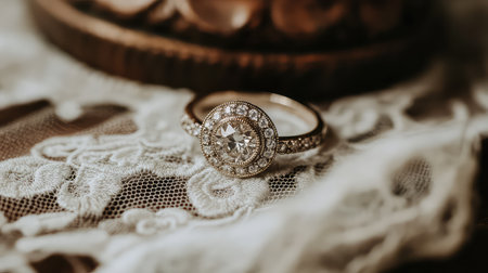 A beautifully designed engagement ring featuring a radiant diamond at its center, surrounded by intricate detailing against a delicate lace backdrop, perfect for romantic themes.の素材