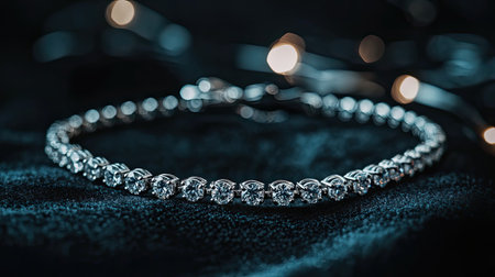 This stunning silver bracelet adorned with sparkling diamonds rests on a dark velvet background, creating a luxurious atmosphere perfect for jewelry showcases.の素材
