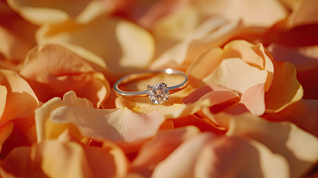 A stunning engagement ring featuring a sparkling diamond rests delicately on vibrant peach rose petals, creating an intimate and romantic atmosphere perfect for wedding celebrations.の素材