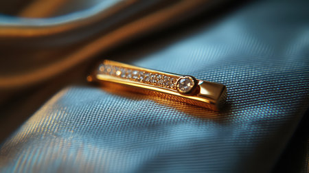 This image captures a stunning close-up of a gold jewelry piece adorned with sparkling diamonds, resting elegantly on smooth fabric. The rich textures and light reflections create a luxurious ambiance perfect for fashion-related content.の素材