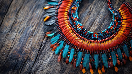 This stunning handmade necklace features a striking combination of colorful beads and feathers, showcased against a rustic wooden background. Perfect for fashion lovers and art enthusiasts.の素材