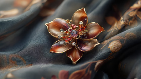 A beautiful flower brooch featuring intricate details and rich colors, resting on a soft silk fabric, perfect for highlighting elegance in jewelry collections.の素材