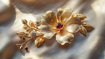 A stunning golden brooch featuring a floral design with a central red gemstone, artistically crafted and placed on a soft silk background.の素材