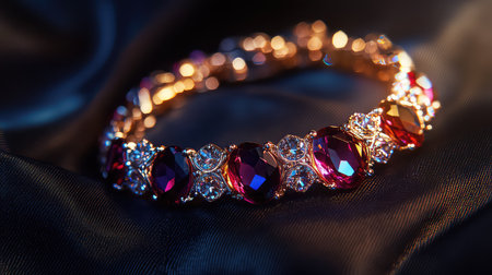 This stunning gold bracelet showcases an arrangement of vivid red and clear gemstones set against a luxurious dark fabric backdrop, symbolizing elegance.の素材