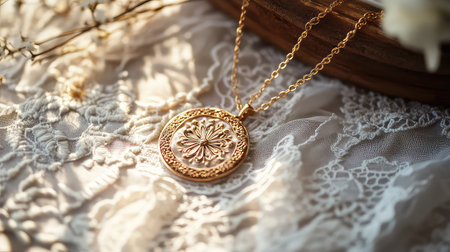 A beautiful golden pendant necklace rests on delicate lace fabric, reflecting elegance and charm, perfect for jewelry showcases and fashion themes.の素材