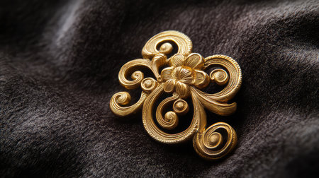 A stunning vintage gold brooch featuring intricate design elements rests gracefully on a rich velvet background, capturing elegance and luxury.の素材