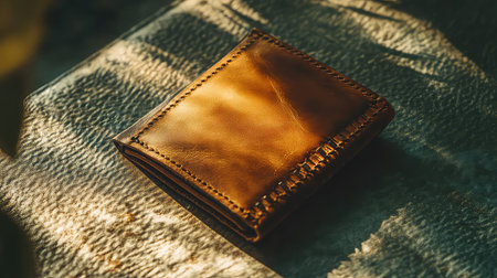 This image showcases a stylish brown leather wallet resting on a textured surface, captured in warm natural lighting that highlights its elegance and detail.の素材