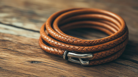 A close-up view of a stylish brown leather bracelet featuring a sleek metal clasp, set against a textured wooden background, ideal for fashion and lifestyle visuals.の素材