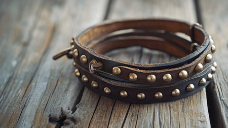A beautifully crafted vintage leather bracelet embellished with metal studs, resting on a rustic wooden surface. Perfect for elevating any outfit.の素材