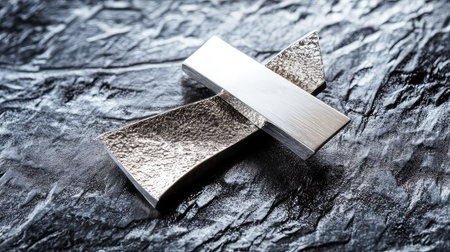 This image showcases two sleek silver bars resting on a textured black surface, creating a striking contrast that enhances modern design aesthetics.の素材