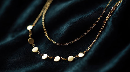 A stunning arrangement of elegant golden necklaces rests on soft dark fabric, highlighting the shine and intricate details of exquisite jewelry design.の素材