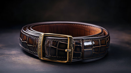 This exquisite brown leather belt features a refined crocodile pattern and a striking gold buckle, perfect for enhancing any outfit with luxury.の素材
