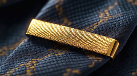 A stylish gold tie clip showcases a unique texture against a rich patterned fabric, perfect for enhancing formal outfits and adding a touch of elegance.の素材
