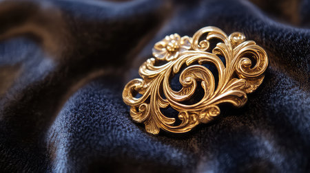 This stunning gold brooch features an intricate swirl design, elegantly placed on a soft black fabric surface, showcasing its luxurious craftsmanship and opulent beauty.の素材