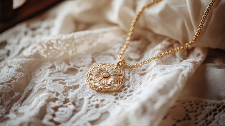 Capture the allure of elegance in this close-up image of a gold flower pendant resting on soft lace fabric, perfect for fashion and vintage themes.の素材