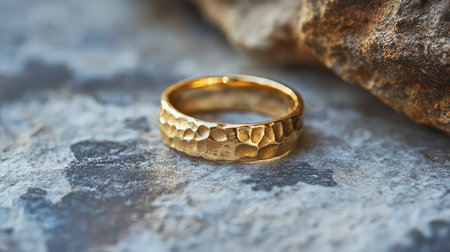 Discover an elegant gold ring featuring a unique hammered texture, beautifully showcased on a natural stone backdrop emphasizing style and craftsmanship.の素材