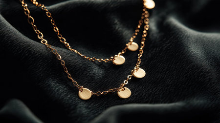 This stunning gold chain necklace features delicate circular charms, elegantly placed against a soft black fabric background, perfect for jewelry showcases.の素材