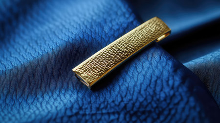 This image features an elegant gold tie clip with a textured design, beautifully resting on a luxurious blue fabric background, capturing sophistication and style.の素材