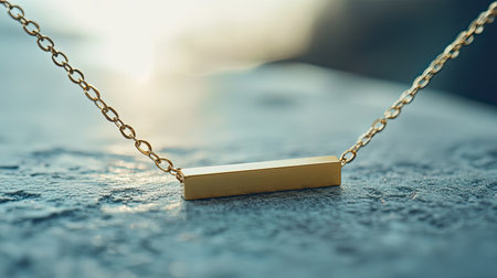 This stunning image features an elegant gold necklace with a sleek rectangular pendant, beautifully illuminated by soft sunlight, perfect for showcasing modern fashion.の素材
